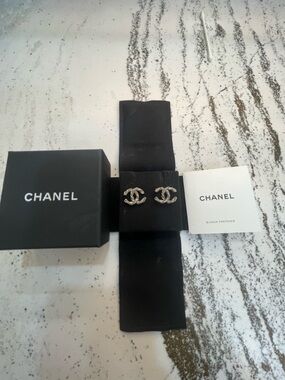 100% Authentic CHANEL Silver Crystal CC Logo Stud Earrings